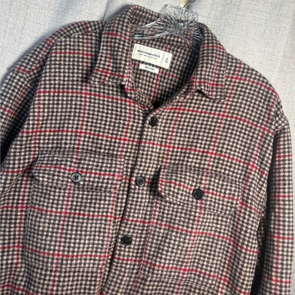 Abercrombie & Fitch Mens Medium Relaxed Flannel Shirt Jacket Plaid Brown Red